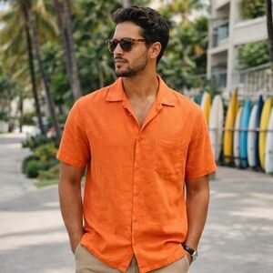 Manhattan Linen Rayon Mens  Orange Short Sleeve Button Down Shirt Lightweight